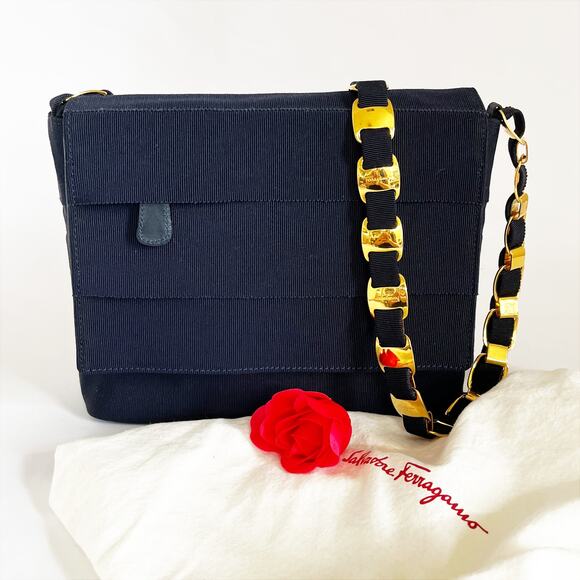 FERRAGAMO Canvas Leather Chain Shoulder Crossbody Bag Navy - Picture 1 of 14